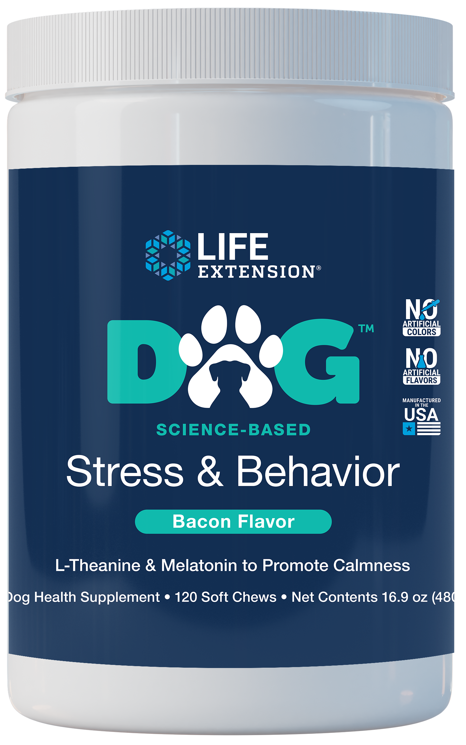 DOG Stress & Behavior, 120 masticables suaves con sabor a tocino, L-teanina y melatonina para ayudar a su perro a mantenerse sereno